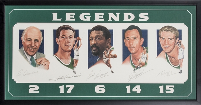 Boston Celtics Legends Signed & Framed 22x42 Artwork - Auerbach, Havlicek, Russell, Cousy & Heinsohn (JSA)